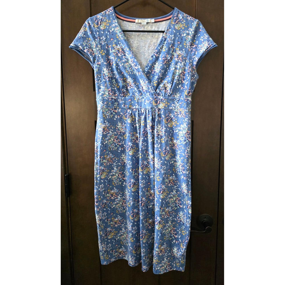 Boden Women's US 8 UK 12 Blue Floral Jersey Faux Wrap Midi Dress Cotton Stretch